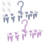 Clothes Drying Hanger with 12 Clips, 2 Pack Folding Portable Hanging Drying Rack,Drip Foldable Hanging Rack, 360° Rotatable Hook for Drying Towels Bras Baby Clothes Gloves Plastic(Blue&Purple)