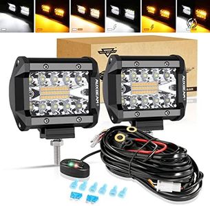 Auxbeam 4 Inch LED Pods 120W Spot LED Pod Light Bar 12000LM LED Driving Fog Light Triple Row Amber White Off Road Lights with 10FT LED Light Bar Wiring Harness Kit-2 Lead for Trucks SUV ATV UTV Jeep