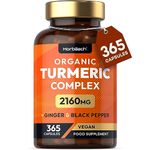 Organic Turmeric 2160mg with Black Pepper & Ginger | High Strength Curcumin Capsules | 365 Vegan Capsules | Easy-to-Swallow Formula | by Horbaach