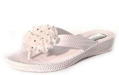 Ladies Beach Sandals Toepost Wedge Diamante Flower Pool Flip Flops (4, White)