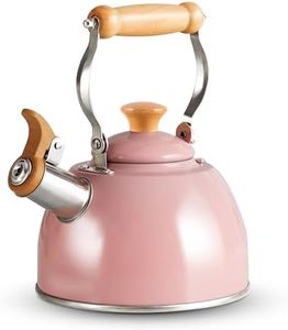 ROCKURWOK Whistling Tea Kettle, 1.6 QT / 50 OZ, Pink Teapot, Universal Base for Induction | Gas | Electric | Halogen | Radiant, Wooden Handle, Vintage