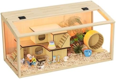BingoPaw Wooden Hamster Cage Chewproof: Wood Large Hamster Cages Habitats Openable Top with Tempered Glass, Built-in LED Light for for Dwarf Syrian Hamster, Gerbil, Rats L(80 * 40 * 40cm)