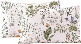 ECOCOTT Pillowcase 2 Pack Queen Size - Green Botanical Floral Pillow Cases, 100% Washed Cotton Pillow Cover with Envelope Closure (Queen, 20"x30")