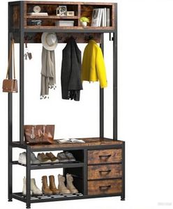 Raybee Hall Tree with Bench and Shoe Storage, Coat Rack Freestanding with 3 Fabric Drawers, Entryway Bench with Shoe Storage, Hall Tree with 12 Hooks for Hallway, Rustic Brown