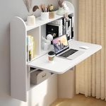 Pmnianhua Wall Mounted Drop-Leaf Table, Floating Laptop Desk, Folding Table with Shelves, Multifunctional Computer Workstation with Storage Compartments in Home Office for Space Saving (White)