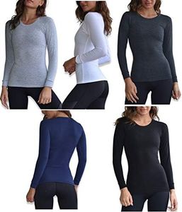 Sexy Basics Women's 5 Pack Casual & Active Basic Cotton Stretch Long Sleeve Round Crew Neck Athletic T-Shirt Tops, 5 Pack- Black/White/Grey/Navy/Charcoal, Medium