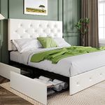 Allewie Upholstered Full Size Platform Bed Frame with 4 Storage Drawers and Headboard, Diamond Stitched Button Tufted, Mattress Foundation with Wooden Slats Support, No Box Spring Needed, White