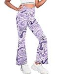 Arshiner Girls School Trouser Flare Leggings High Waisted V Crossover Casual Yoga Bell Bottoms with Pockets Pants for Kid Purple Marble 140