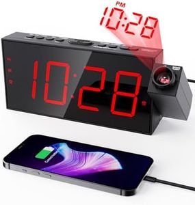 OnLyee Projection Alarm Clock for Bedroom,LED Digital Clock on Ceiling Wall with USB Phone Charging,Battery Backup,180° Rotatable Projector& Dimmer,12/24H,DST,Snooze,Dual Loud Bedside Heavy Sleeper