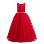 Glamulice Classic Red Dresses for Girls Long A Line Wedding Bridesmaid Pageant Dress Tulle Rhinestone Party Ball Gown Big Girl Vintage Fancy Elegant Holiday Formal Princess Dance Bright Red Gown 15 16