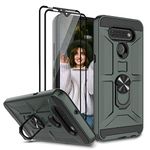 Jeylly Case for LG K51 with Tempered Glass Screen Protector, 360 Rotating Ring Kickstand Holder [Work with Magnetic Car Mount] Armor Defender Shockproof Case for LG K51/Q51,Midnight Green