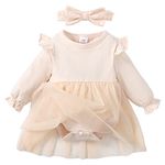 SOBOWO Baby Girl Tutu Dress Infant Girl Ruffle Romper Dress Solid Long Short Sleeve Tulle Dress Skirt Headband Summer Outfits(L Beige, 12-18 Months)