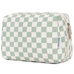 Large Makeup Bag Zipper Pouch Travel Cosmetic Organizer for Women (Large, Mint Green Checkerboard)