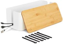 ionX Box for Cable Management, 1 Large ABS Cord Organizer Box with Bamboo Lid, White