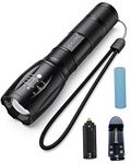 DOCOSS Metal Rechargeable Battery LED Torch High Power Long Distance with Adjustable Focus & Charger,Torch Lights with 5 Modes, Black