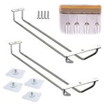 Wine Glass Rack Under Cabinet: Stemware Wine Glass Holder Glasses Storage Hanger 2 Pack Single Rail Under Shelf Metal Organizer for Bar Kitchen - Hanging Glass Goblets Storage Rack Organizer Silver 35