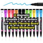 SORFHOUR 12 Magnetic Liquid Chalk Markers for Acrylic Calendar, 8 Colors, 1mm Fine Tip Wet Erase Markers for Dry Erase Board Clear Glass Writing Board Whiteboard Window Mirrors