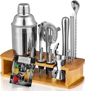 HAOLEYAO Cocktail Shaker Set Bartender Kit with Stand | Bar Set Drink Mixer Set with All Essential Bar Accessory Tools: Martini Shaker, Jigger, Strainer, Mixer Spoon, Muddler, Liquor Pourers (Silver)