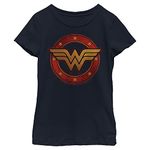 Warner Bros. Girls Wonder Woman Wonder Woman Metal Logo Girls Short Sleeve Tee Shirt, Navy Blue, X-Small