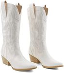 Zzheels Women Mid-calf Cowboy Boots Pointy Toe Boots Embroidered Western Cowgirl Boots Chunky Heels, White, 11