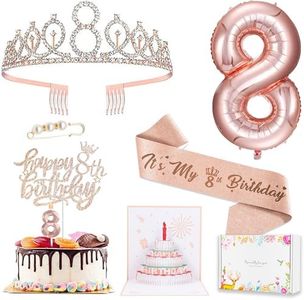 8th Birthday Decorations for Girls, Including 8 year old Birthday Cake Topper, Birthday Queen Sash with Pearl Pin, Sweet Rhinestone Tiara Crown, Number Candles and Balloons Set, Rose Gold