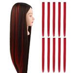 10 Pcs Colored Hair Extensions 22 Inch Colored Clip in Hair Extensions Multi-colors Party Highlights Synthetic Hairpieces for Women Girls (Straight-Red)