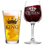 King Beer Queen Wine Glass Gift Set- Gift from Husband to Wife- Present Idea for Bridal Shower, Wedding, Engagement, Anniversary, Newlyweds, and Couples-Him, Her, Mr. Mrs. - Gift for Mom