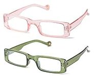 SOOLALA 2 Pack Blue Light Blocker Computer Reading Glasses for Women Men Rectangle Retro Readers Eyeglasses, GreenPink, +2.0