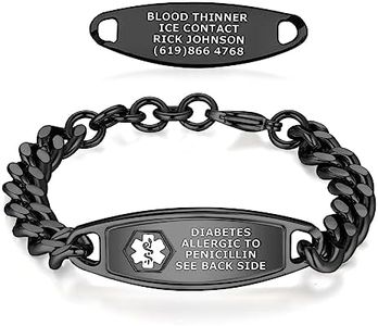 Divoti Medical Alert Bracelets for Men, Custom Engraved Steelman Medical ID Bracelet, w/Adjustable Large Curb Chain — PVD Black/White