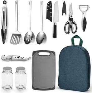 Evanda Juego de Utensilios de Cocina para acampada 10 piezas, juego de viaje organizador de utensilios para cocinar y asar al aire libre de acero inoxidable perfecto para viajes, campamentos