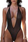 SHERRYLO Sheer One Piece Thong Swimsuit for Women Sexy Plunging See Thru Monokini High Cut Bodysuit Slutty Mesh Lingerie, Black, Large-X-Large