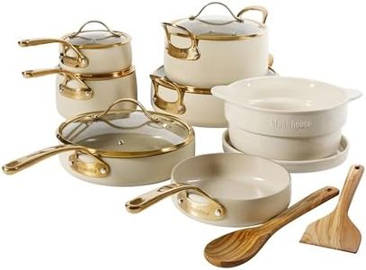 Bloomhouse - Two Time Oprah's Favorite Things Winner - 15 Piece Pots and Pans Heavy Duty Aluminum Premium PFA Free Ceramic Nonstick Cookware Set - Almond Cream w/Gold Handle