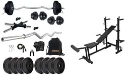 Kore PVC 16 Kg Home Gym Set with One 3 Ft Curl and One Pair Dumbbell Rods with Gym Accessories, Black+Kore 8 in 1 Multi Functional Fitness Bench- Black