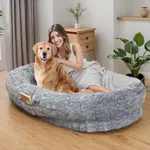 MAROUTE Large Dog Bed, 63" Luxury Human Dog Bed for People Adults with Washable Faux Fur Removable Cover and Waterproof Lining, 3D Memory Foam Dog Bed with Side Pocket and Strap, Gray