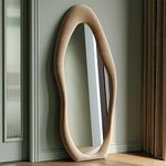 Irregular Wavy Mirrors Full Length 160x60cm,Arch Floor Standing Mirrors for Bedroom,Living room,Flannel Wrapped Wooden Frame Wall Mirror,Milky Tea