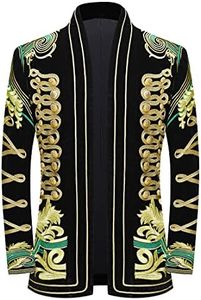 PYJTRL Mens Stylish Court Prince Black Velvet Gold Embroidery Blazer Suit Jacket,Green Flower,M