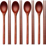 Wooden Spoon and Chopsticks Set Long Handle Spoon Chopstick Flatware Reusable Tableware Combination Utensils for Eating Food, 9.3 Inch (8)