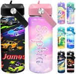 Thryonix Personalized Kids Water Bottle with Name, Back to School Gifts for Boys Girls, 18oz Custom Cup with Straw, Customized Cup with 50+ Icons & 12 Colors, Christmas Birthday Gifts (UV Printing)