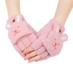 AL ZAHRA Women Girls Flip Top Gloves Cartoon Fingerless Winter Mitten Warmer Knitted Rabbit Pattern Texting Elastic Gloves Soft Hand Wear with Covers for Running Outdoor Sport Mittens (Pink)