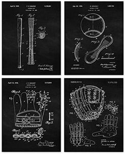 Vintage Baseball Patent Print, 4 (8x10) Unframed Photos, Wall Art Decor Gifts Under 20 for Home Office Garage Shop School Gym College Student Teacher Coach Championship Team Sports Fan