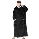 Hoodie Blanket, Long Wearable Blanket with Big Pockets Sherpa TV Blanket (Black-Men)