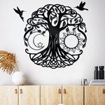 18in Tree of Life Metal Wall Art, Black Metal Artwork for Wall with 2 Pcs Black Metal Bird Silhouette, Tree of Life Wall Decor for Norse Decor Living Room Outdoor Indoor