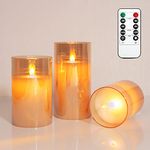 Crystal Club Gold Glass Flameless Candles, Battery Operated LED Pillar Candles with Remote, Flickering Flameless Candles with Timer, Amber Glass Effect Candle & Gold Decor for Christmas Home Decors