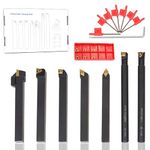 Lathe Turning Tool Set 10mm Shank 7pcs Lathe Turning Tools Boring Bar Holder Carbide Turning Tool Metal Lathe Tools Holder for Metal Turning Grooving Threading with 7Pcs Carbide Inserts