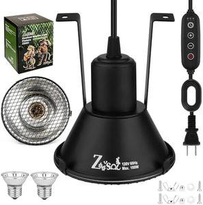 Zooiisol 5-in-1 Reptile Heat Lamp Fixture Anti-Scald Guard 4.7 Inch Hanging Dome Light Fixture with Timer & 2 Pack 50W Halogen Basking Bulb for Bearded Dragon, Gecko, Turtle, Chameleon