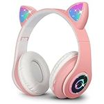 Sendowtek Wireless Headphones for Kids Adults Over Ear Cute Cat Ear Earphone with Flashing Lights Foldable Headphone Built-in Mic Cute Bluetooth Headphones for Kids Girls Boys (Pink)