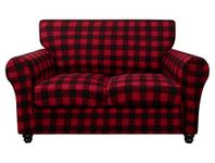 SearchI Stretch Sofa Cover Printed Couch Cover, Floral Pattern 3 Pieces Loveseat Slipcover with 2 Separate Cushion Cover, Washable Furniture Protector for Living Room(Loveseat, Red Black Plaid)