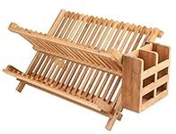 Lawei Bamboo Dish Drying Rack with Utensil Holder - Collapsible Dish Drainer Foldable Dish Rack Bamboo Plate Rack for Plates, Cups, Mugs, Utensil, Flatwares