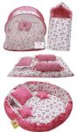 Infantbond Designer Mattress with Net | Baby Sleeping Bag | 4 Pcs Bedding | 1 Nest (0-6 Months) (Moon Pink)