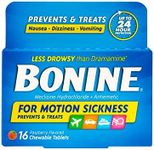 Bonine Motion Sickness Tablets - Meclizine 25mg, Non-Drowsy, For Nausea or Motion Sickness Relief, Raspberry Flavor, 16 Chewable Tablets